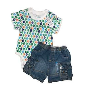 Childrens place fish print bodysuit onepiece LOT with Jean shorts size 12mon NWT - Picture 1 of 7