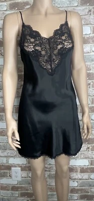 Vestido sin Mangas de Encaje Satinado Vintage Lencería Cacique S/M Negro Brillante Sliky Camisón Foto 1 de 4