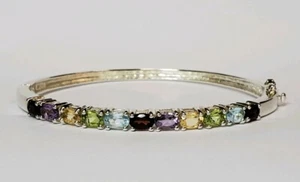 Sterling Silver Hinged Bangle Bracelet w/ Garnet Amethyst Citrine Peridot Topaz - Picture 1 of 7