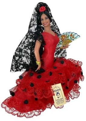 W/ TAG Vintage Marin Chiclana 7" Spanish Flamenco Dancer Doll Red Black Dot Lace - Image 1 of 4