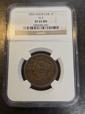 1855 P Braided Hair Cent NGC XF45 XF 45 BN Brown Knob on Ear - Image 1 of 4