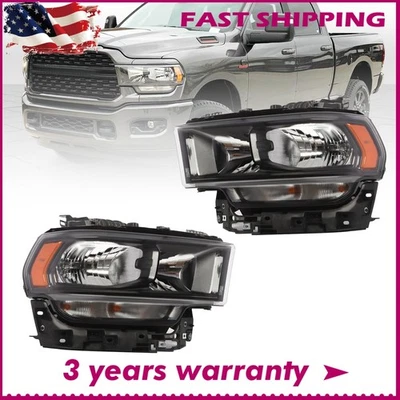 Halogen Model Headlights Left+Right For 2019-2024 Ram 2500 3500 Black Headlamps - Image 1 of 4
