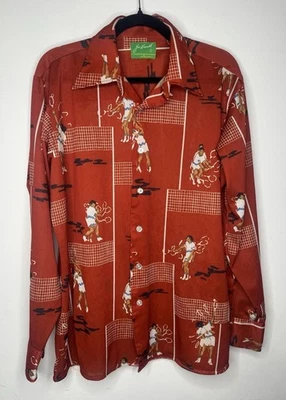 Vtg 70s Joe Namath by Arrow Men's Rockabilly Disco Tennis Print Shirt Large Red - Image 1 of 4