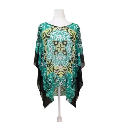 Chico's Batik Print Pattern Flowy Kaftan Poncho In Green & Black in S / M-... - Image 1 of 4