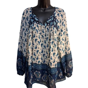 M & S Blue and White Paisley Women's Top 14 Tunic Lightweight Sheer Layer Blouse - Picture 1 of 12