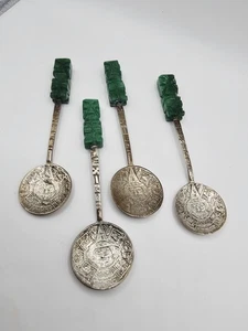 4er Set grüne Jade Mexiko Silber Maya Skulptur Löffel - Bild 1 von 5
