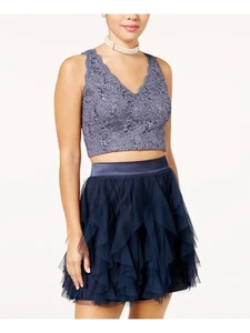 TEEZE ME Womens Gray Lace Sleeveless V Neck Evening Crop Top 7\8 - Picture 1 of 3