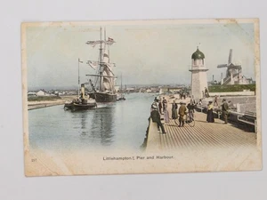 Littlehampton Pier Harbour Windmill Sailing Ship Sussex UK c1900s VTG Postcard - Picture 1 of 2