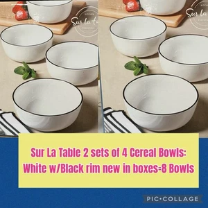 8 Sur La Table White Cereal Bowls Porcelain  White W/ BLACK RIMS 8 Bowls - Bild 1 von 6