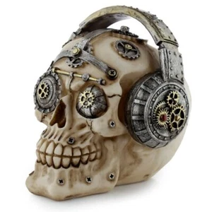 Steampunk Style Skull Ornament wearing Headphones featuring Cogs and Springs - Picture 1 of 4