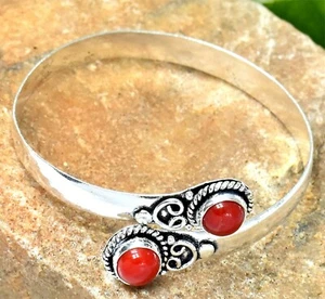 Italian Red Coral Gemstone Handmade 925 Sterling Silver Jewelry Bangle Sz 7-8 - Picture 1 of 1