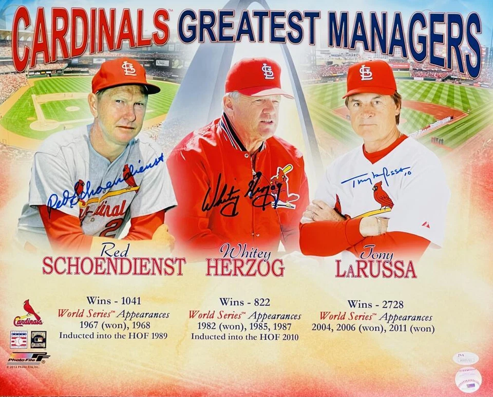 RED SCHOENDIENST TONY LARUSSA WHITEY HERZOG SIGNED 16X20 PHOTO CARDINALS JSA 785 - Image 1 of 1