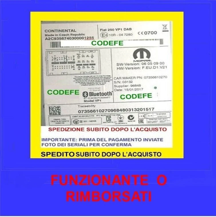 CODICE SBLOCCO RADIO FIAT ALFA LANCIA JEEP VP1 VP2 RADIO CONTINENTAL  - Bild 1 von 1