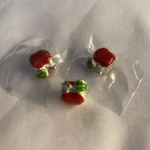 European Charm Bead Silverplate 3 Bright Red Apple Green Leaf Pretty! - Picture 1 of 4