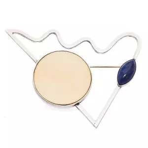 Vintage Sterling Silver Lapis and Bone Abstract Brooch Pin - Picture 1 of 5
