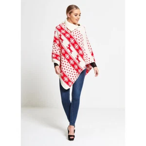 Novelty Festive SNOWFLAKE REINDEER Knitted Cape Wrap Poncho red/cream - Picture 1 of 3