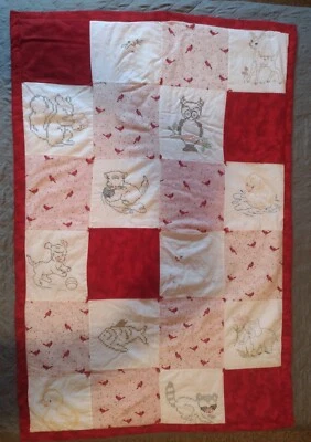 Handmade Embroidered and Hand Tied baby quilt. Animals and Birds - Image 1 of 2