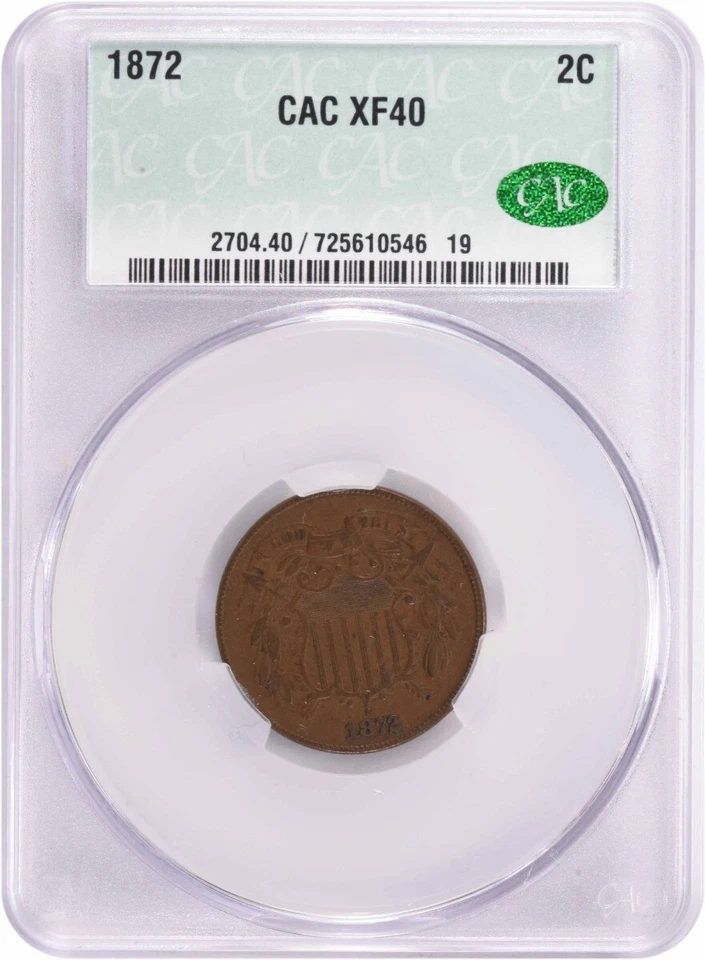 1872 Two Cent Piece EF40 CACG - Image 1 of 4
