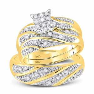 14kt Yellow Gold His Hers Round Diamond Square Matching Bridal Wedding Ring Set - Picture 1 of 5