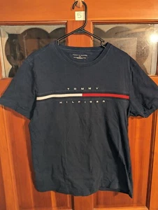 Vtg Y2K Tommy Hilfiger Big Flag Logo Banner Embroidered T-shirt Blue L 90s Navy - Picture 1 of 4