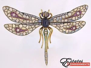 Brosche Opal, Saphir, Rubin, Diamant, silberfarben Gelbgold Drachenfliege - Bild 1 von 8