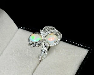 Anillo de boda de plata de ley 925 con cabujón de ópalo natural piedra de nacimiento de octubre - Imagen 1 de 7