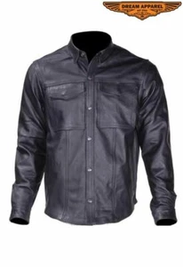 Men's Motorcycle Light Weight Leather Shirt w/ Button Snap Cuffs & Multi Pocket - Picture 1 of 6