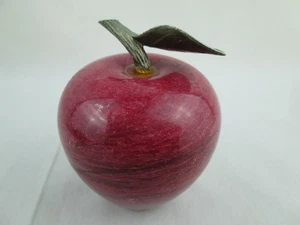 Polished Red Apple Paperweight Marble Stone Fruit With Brass Stem Leaf Vintage - Picture 1 of 5