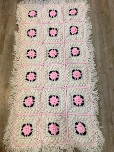 VTG Crocheted 3D Pink Roses Afghan Throw Blanket Handmade 32x65” Granny Square - Picture 1 of 5