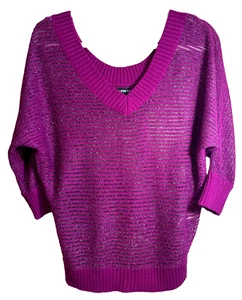 Small Express Sheer Magenta V neck 3/4 Sleeve Slouchy Sweater 80's, Y2k, Disco - Picture 1 of 6
