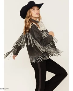 Damen Rindsleder Fransen Western Jacke schwarz/weiß Rodeo Bohocowgirl Style - Bild 1 von 4