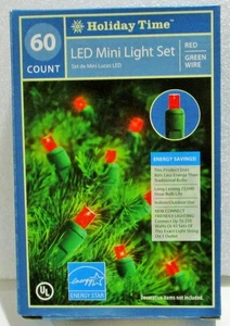 Holiday Time 60-Count LED Mini 15 feet Christmas Lights set red w/ green wire - Picture 1 of 2