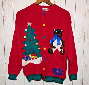 Cárdigan Suéter Navidad Vintage Talla M Oso de Peluche Árbol Regalos Vacaciones - Imagen 1 de 7