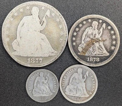 U.S. Seated Liberty Silver Collection 1877 Half 1878 Quarter 1868 Dime 1861 5C - Image 1 of 2