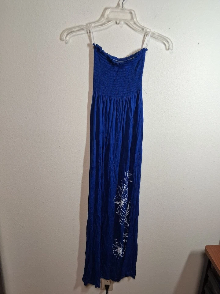 Модный журнал со сборками без бретелек макси платье цветочный богемное Y2K синий размер маленький - Изображение 1 из 4