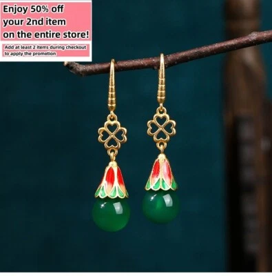Jade Enamel Drop Dangle Earrings Gemstone Boho Retro Flower Hook 18K Gold Plated - Image 1 of 4