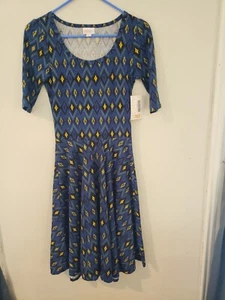 Nuevo con etiquetas Vestido Lularoe Nicole para mujer XS manga corta azul amarillo estampado azteca elástico - Imagen 1 de 11