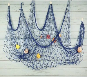Mediterranean Fishing Net Decoration, Fish Netting with Seashell Decor, Blue - Picture 1 of 4