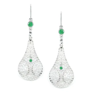 EMERALD FILIGREE EARRINGS STERLING SILVER DANGLE TEARDROP VINTAGE STYLE GREEN - Picture 1 of 1