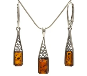 SET ORECCHINI E COLLANA ARGENTO AMBRA BALTICA 925 Preziosi Gioielli CATENA Certificati - Foto 1 di 12