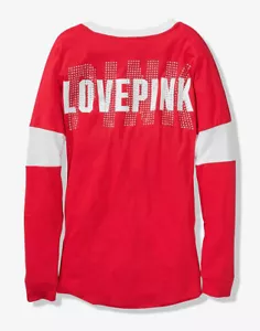 Victoria's Secret VS PINK Bling Rhinestone Campus Tee Shirt Red XS VINTAGE 2018 - Picture 1 of 7