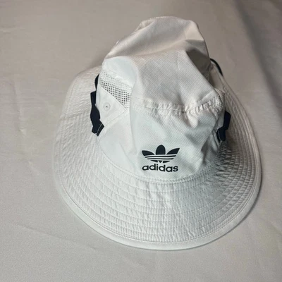 Adidas bucket Hat OSFM New no tags White with black logo and tie down strap  - Image 1 of 4