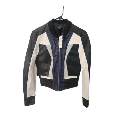 bebe rare black blue white and gray leather moto style jacket sz M NWT - Image 1 of 4