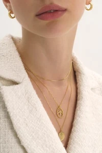 Dainty Gold Face Pendant Chain Necklace, Minimal Coin Boho Beaded Layer Choker - Picture 1 of 4
