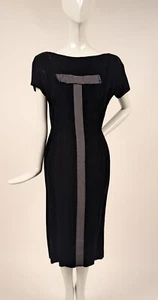 SEXY + SLEEK 1950’S BLACK VELVET WIGGLE DRESS W GROSGAIN BOW + STRIPE DETAIL - Picture 1 of 4