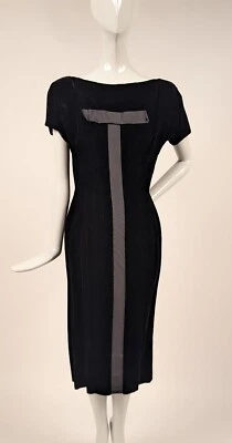 SEXY + SLEEK 1950’S BLACK VELVET WIGGLE DRESS W GROSGAIN BOW + STRIPE DETAIL - Image 1 of 4
