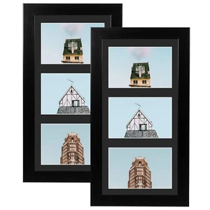 2 Pack 7x14 Wood Frame for Three 4x6 Picture Black with 3Opening Black Mat Color - Picture 1 of 7