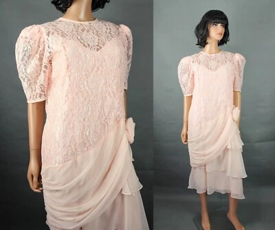 Vestido de formatura anos 80 tamanho M vintage floral pêssego renda em camadas chiffon manga curta - Imagem 1 de 4