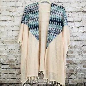 Womens Tribal Casual Blouse Short Sleeve Kimono Cardigan Loose Shawl Boho Blue - Picture 1 of 4