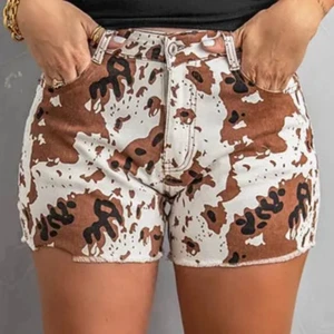 New! Women's Brown white black COW PRINT DENIM CASUAL SHORTS w/ Pockets 4 SIZES! - Picture 1 of 6